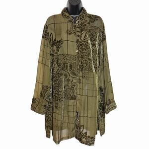 COLDWATER CREEK SHEER BURNOUT VELVET KHAKI GREEN BLOUSE BOHO FAIRY GRUNGE SZ XL